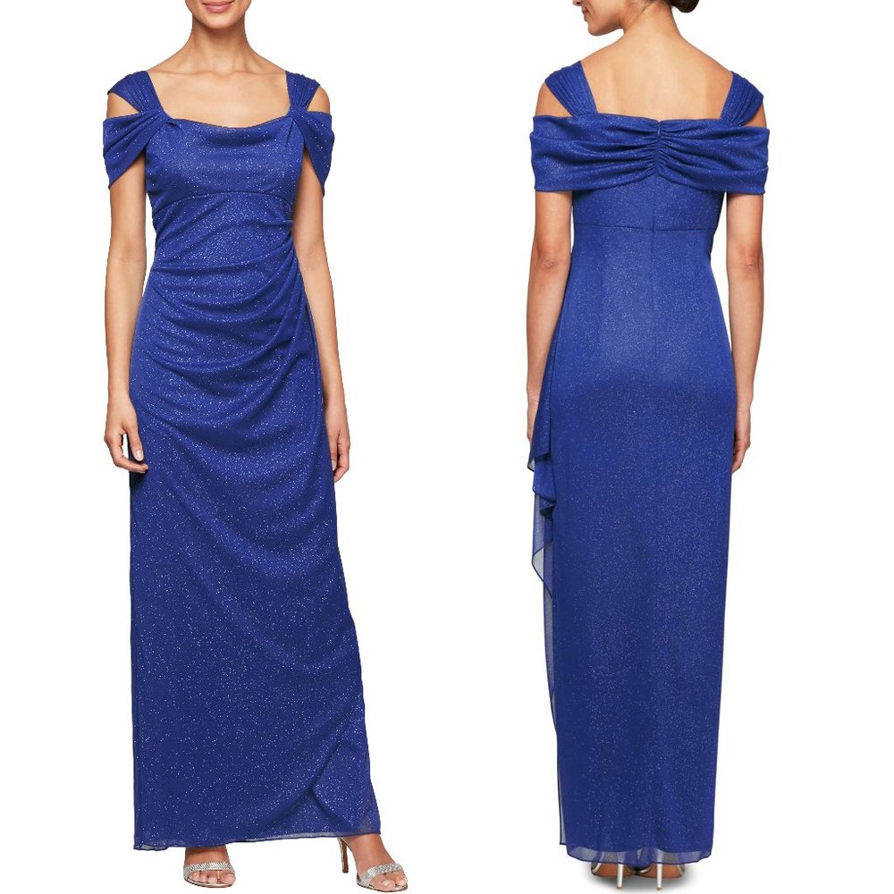 ALEX EVENINGS Womens Blue Draped Ruffled Short Sleeve Maxi Evening Dress 14